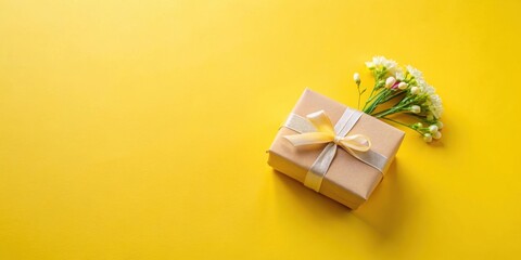 Wall Mural - A thoughtfully wrapped gift with a delicate ribbon and a small bouquet of flowers rests on a vibrant yellow background, perfect for celebratory occasions.