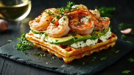 Shrimp and avocado topped waffle with herbs and spices served on a slate plate