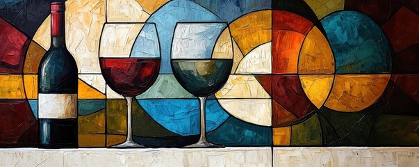 Wall Mural - colorful abstract painting of wine glass and bottle on vibrant background