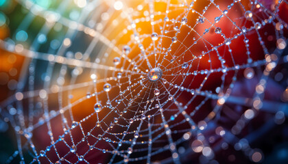 Close-up of dewdrops on a spiderweb