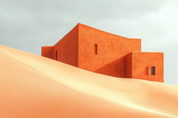 A minimalist orange desert house nestled into a gently sloping sand dune under a pale sky.