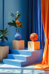 Wall Mural - vibrant blue and orange podium with basketball and plants