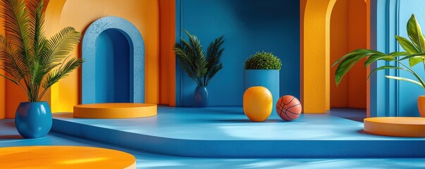 Wall Mural - vibrant blue and orange podium with geometric shapes and plants