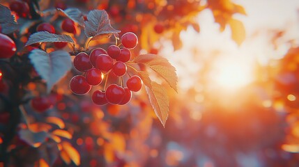 Sticker - Ripe cherries on branch at sunset in orchard, warm background bokeh