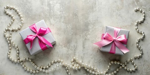 Wall Mural - Elegant silver gift boxes with pink ribbons and pearl necklaces on a textured background