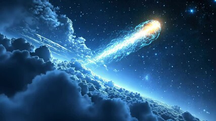 Wall Mural - Comet streaking through a starry night sky above a cloud-covered planet