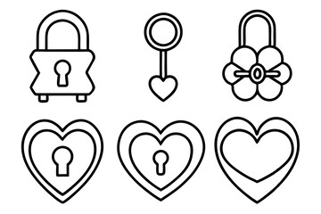 Wall Mural - Key and heart lock line art vector set