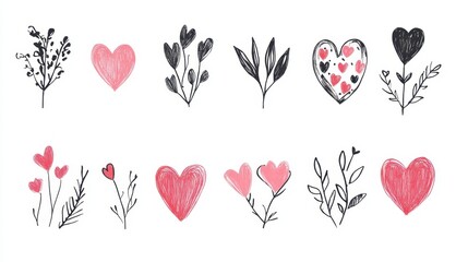 Wall Mural - A set of hand drawn hearts and flowers