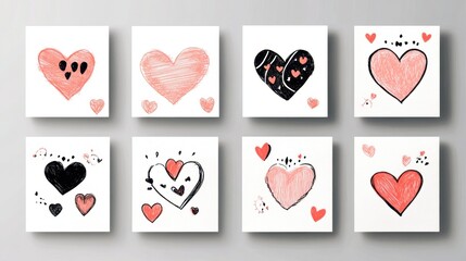 Wall Mural - A set of six hand-drawn heart-shaped cards with different designs and colors