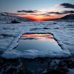 Wall Mural - A small pool of water in the middle of a snow covered field