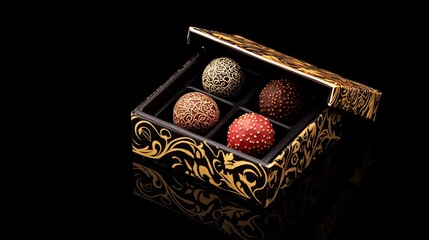 Wall Mural - A gourmet truffle set in a decorative box on a black background, space for text