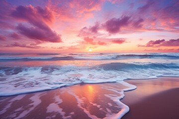 Wall Mural - Beautiful Pink Beach Sunset over the Ocean. Stunning Landscape with Colorful Sky and Clouds