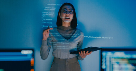Group adult Asia female software developer mentor leader manager talk strategy plan to executive write prompt AI bot IT app program nomad, video game, designer, data center. Projecting slideshow code.