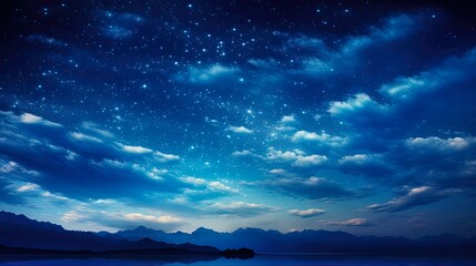 Wall Mural - blue night sky with milky way and stars. panoramic view of universe filled with stars, nebulae and g