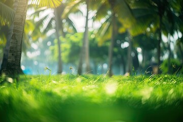 Wall Mural - Bokeh Green Blurred Background of Green Trees in Park, Forest and Nature with Abstract Bokeh Effect by Beach and Tropical Coconut Trees