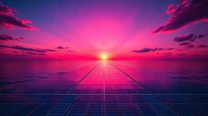 Wall Mural - Solar panels on ocean at sunset with vibrant pink sky