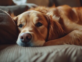 Wall Mural - Peaceful Golden Retriever Sleeping on Couch