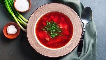 Poster - Beetroot soup with vegetables (borscht) top view