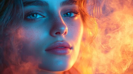 Canvas Print - Portrait of a woman surrounded by fiery and glowing effects