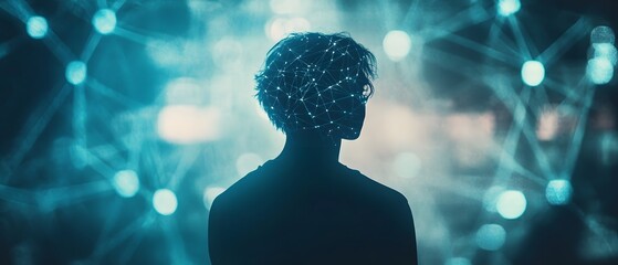 Fototapete - Silhouette of a Person Against a Futuristic Background with Glowing Network Connections and Digital Elements Representing Artificial Intelligence and Connectivity