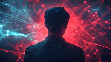 Fototapete - Silhouette of a Person Surrounded by Abstract Digital Connections and Glowing Network Visuals Representing Technology and Data Processing in a Futuristic Environment