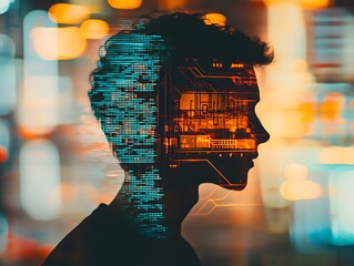 Poster - Silhouette of a Young Man with Artificial Intelligence Elements Merging with Digital Data in a Futuristic Concept Reflecting Technology and Innovation