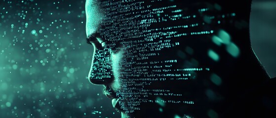 Poster - Fascinating Portrait of a Man’s Profile with Digital Code Projection and Futuristic Technology Background for Cybersecurity and Innovation Concepts