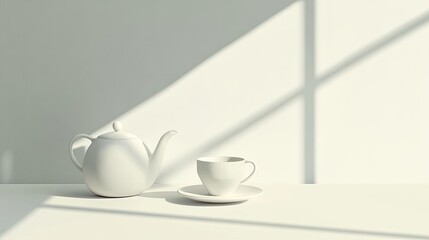 Wall Mural - A minimalist tea set with a single teapot and matching cup on a white table