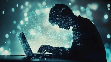 Aufkleber - Silhouette of a Person Typing on Laptop Surrounded by Digital Code and Lights, Representing Technology, Innovation, and Cybersecurity Concepts in a Modern Digital World