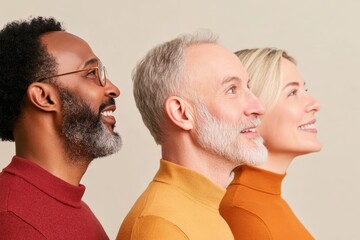 Diverse group of three individuals smiling and looking upward against a neutral background in a studio setting