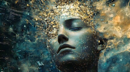 Poster - Surreal Portrait of a Woman with Digital Cloud Data, Representing Artificial Intelligence and Technology Integration in Modern Life