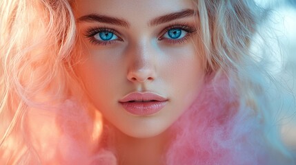 Canvas Print - Close-up portrait of a woman with vibrant pink and blue tones