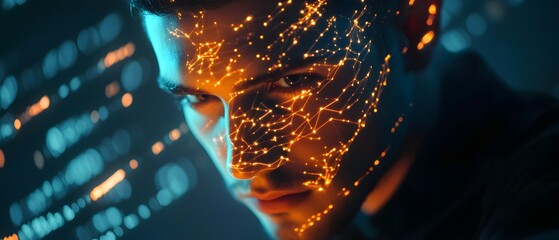 Poster - Close-up Portrait of a Man with Futuristic Digital Patterns on His Face Reflecting Technology, Innovation, and Cyber Aesthetics in a Dark Environment