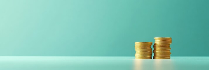 Two stacks of shiny gold coins are arranged on a minimalist surface, symbolizing increasing profits, successful investments, and the concept of making money