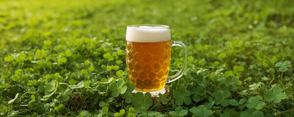 Glass of wheat beer on green clover field background on sunny day. Background for bar, restaurant, pub or beer store. Beer Day, Oktoberfest, St. Patrick's Day celebration for banner with copy space.