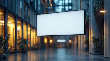 A black and white rectangular empty sign hanging from the ceiling in a modern architectural space. Close-up of a black frame with an empty white screen