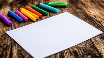 Several colorful markers arranged neatly and blank white sheets of paper with copy space inviting creativity and artistic expression for kids