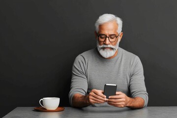 Leinwandbilder - Modern Minimalist Workspace Elderly Man Engaged with Smartphone and Coffee on Concrete Desktop - Enhancing Connectivity and Focus in Digital Workspaces