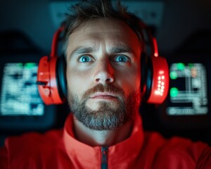 Aufkleber - Immersive Tech Integration Red Audio Headset Interface with High-Contrast Screens - Modern Communication and Digital Innovation for Professional Environments