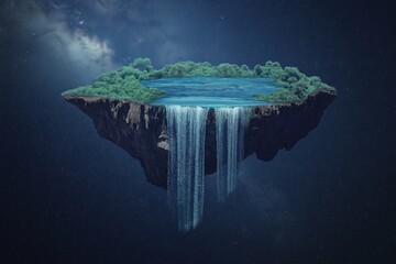 Sticker - A surreal concept of a floating island with waterfalls pouring into space.