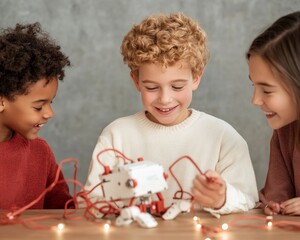 Fototapete - Collaborative Robotics Learning Diverse Group of Children with Electronic Circuits on Wooden Table - STEM Education Content and Innovative Classroom Engagement