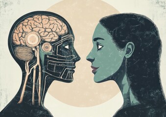 an illustration of an ai robot and human looking at each other, with the head half that is mechanica