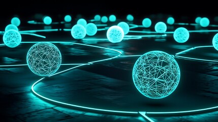 Wall Mural - A series of blue spheres are connected by a web of lines