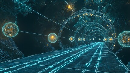 Wall Mural - A tunnel with glowing orbs and a blue background