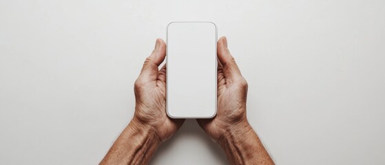 Leinwandbilder - Minimalist Tech Display Hands Holding Smartphone on White Surface Digital Marketing Visual and Modern Product Promotion for Technology Industry