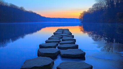 Poster - Stone path across calm lake at sunrise with misty forest