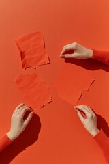 Poster - Vibrant Collaboration Moodboard Hands with Torn Paper on Textured Surface - Creative Workspace Strategy and Design Thinking for Dynamic Marketing Teams