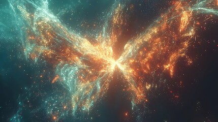 A bright orange and blue butterfly is flying through a starry sky