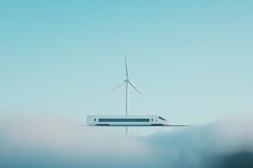 Fototapete - Futuristic Sustainable Transport Sleek White High-Speed Train and Wind Turbine in Cloudscape - Green Energy Solutions for Modern Urban Mobility and Eco-friendly Travel