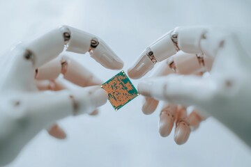 Fototapete - Futuristic Robotics Sleek Lightweight Metallic AI Hands Holding Microchip - Innovating Automation in Tech-Driven Industries for Enhanced Efficiency and Connectivity